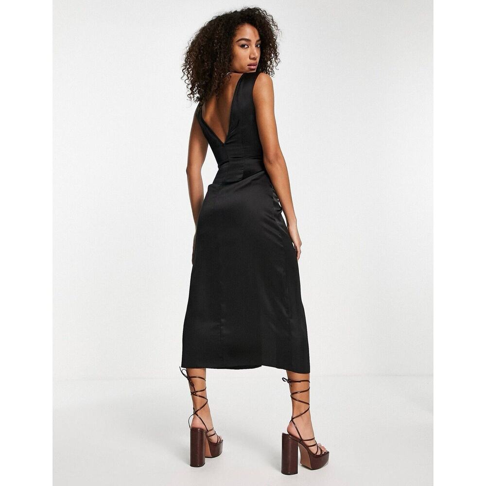 ASOS DESIGN Size 6 Women Button Through Satin Midi Dress in black V-neck 6-22